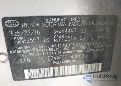 2016 Hyundai Sonata z USA, uszkodzony, nr VIN 5NPE24AF2GH400035